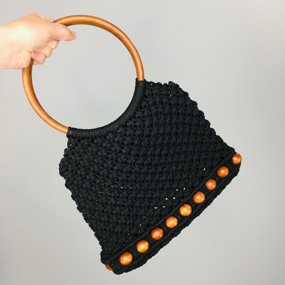 Vintage macrame wood bead small satchel bag